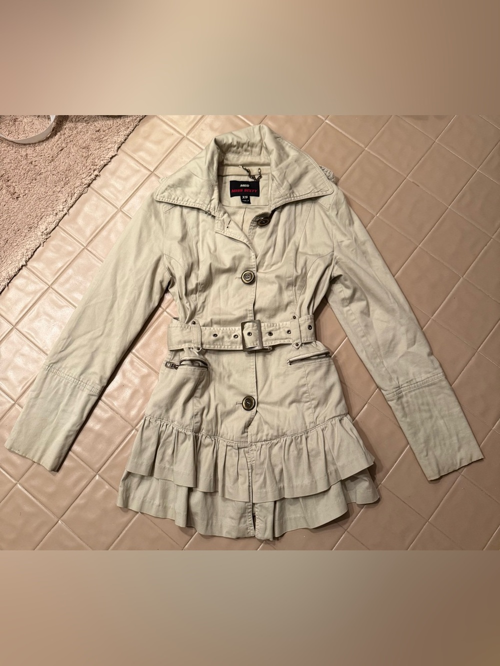 Miss Sixty M60 Womens XS Beige Ruffle Hem Belted Trench Jacket Y2K